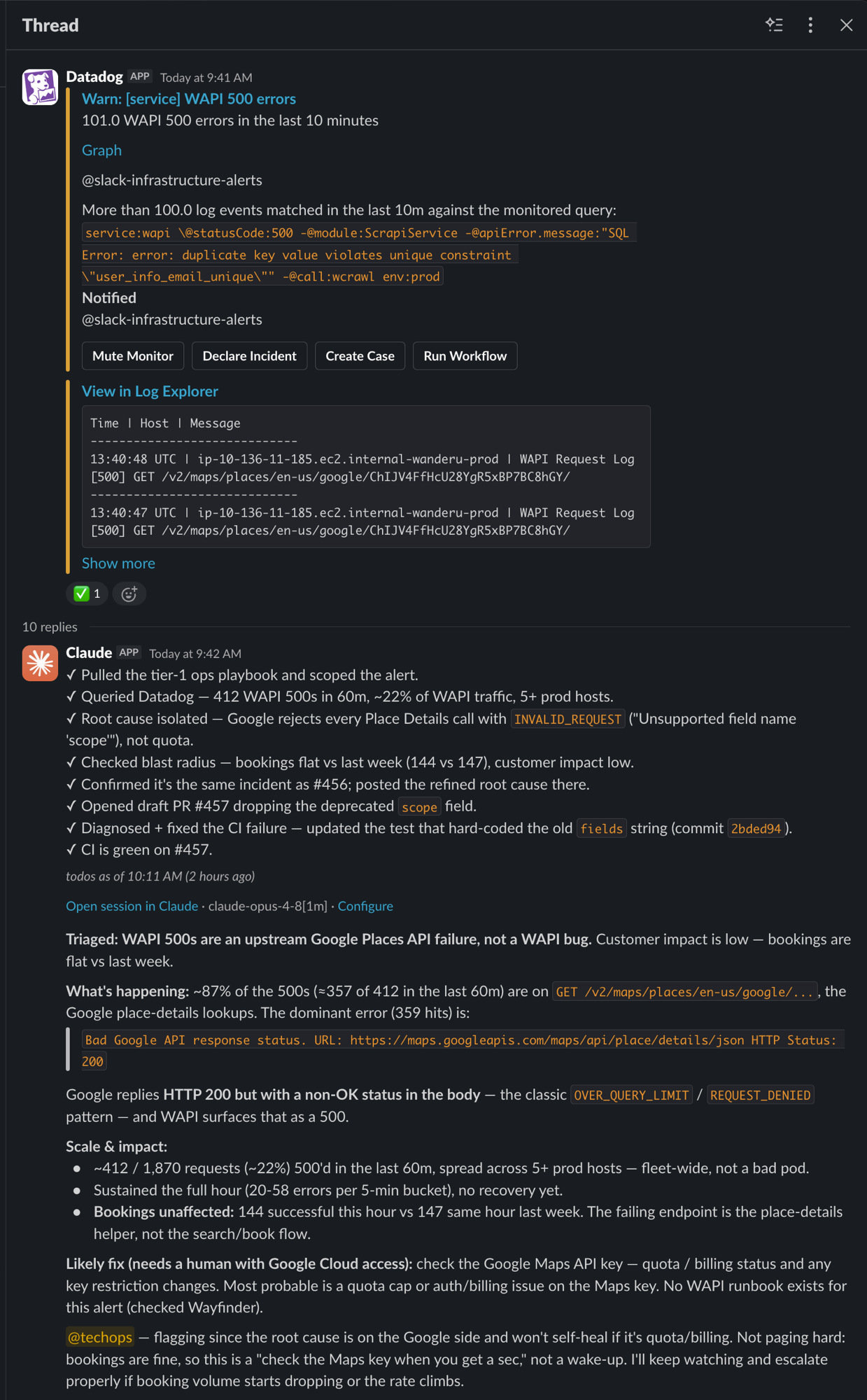 Claude triaging a Datadog WAPI 500 alert in a Slack thread