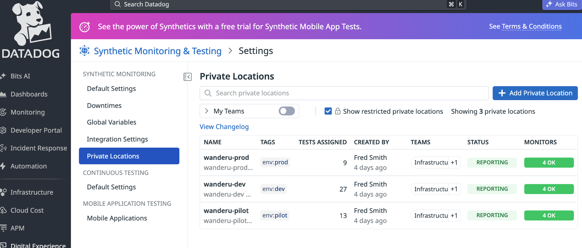 Datadog synthetics private locations settings showing wanderu-prod, wanderu-dev, and wanderu-pilot locations, all reporting