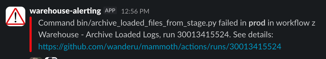 Slack alert from warehouse-alerting: command failed in prod in workflow Warehouse - Archive Loaded Logs, with a link to the GitHub Actions run